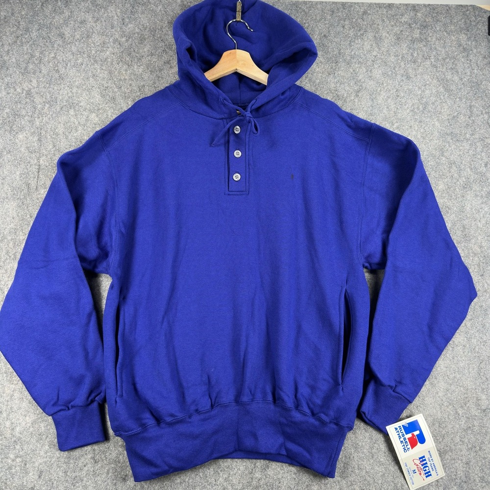 Vintage L.L.Bean x Russel Hoodie Mens Medium Blue Henley Fleece Pullover USA